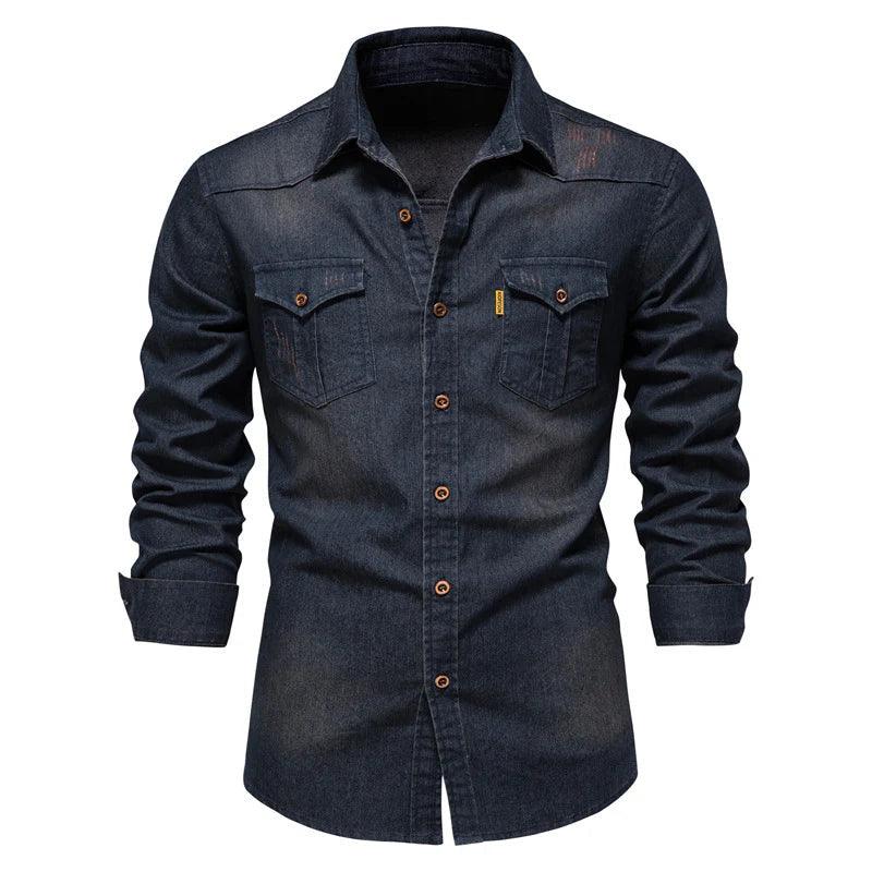 Men's Casual Pocket Long Sleeve Denim Shirt - Uniomen